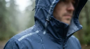 A close-up view of the adjustable hood and sealed seams on a budget-friendly rain jacket that effectively keeps out moisture.