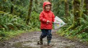 Breathable red rain jacket for kids styled for active play during a spring rainstorm