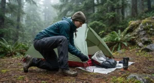 Person wearing high-performance, breathable rain pants while camping in the backcountry