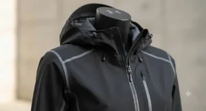 Close-up of a black breathable women's rain jacket featuring an adjustable hood and taped waterproof seams.