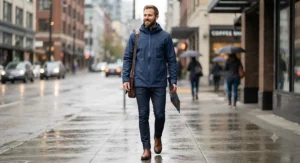 Navy blue casual everyday rain jacket for men paired with jeans for a commute