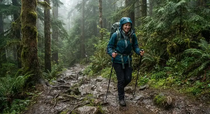 A hiker wearing a reliable and affordable rain jacket while trekking on a wet trail in the Pacific Northwest. cheap rain jacket that actually works