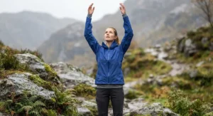 A person raising their arms while wearing a rain jacket to ensure the hem doesn't lift and the jacket fits without restricting movement.