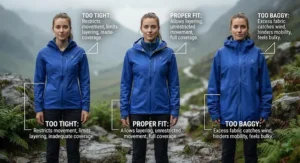 Infographic comparing a properly fitted rain jacket to one that is too baggy or too tight for better outdoor performance.