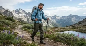 A hiker wearing comfortable rain chaps over standard hiking pants in an alpine setting.
