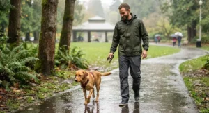 Man walking his dog in a park on a rainy day wearing comfortable waterproof rain pants
