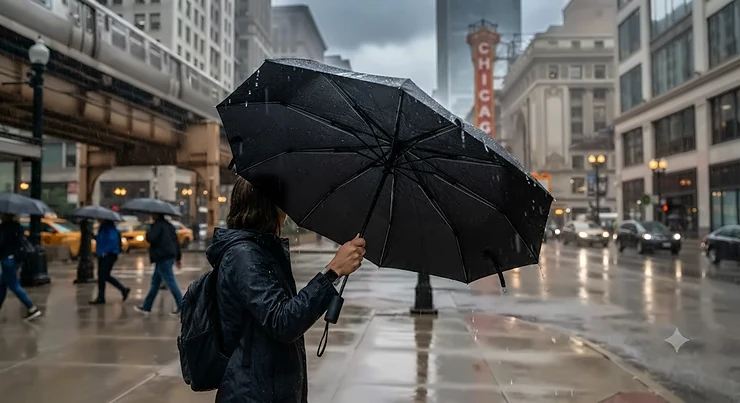 A sturdy compact travel umbrella opened up to show its windproof frame during a stormy day in downtown Chicago.