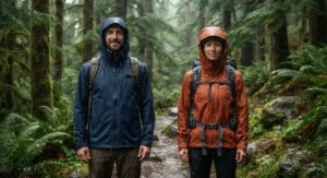 Side-by-side comparison showing a budget-friendly rain jacket that provides similar protection to premium gear in the rain.