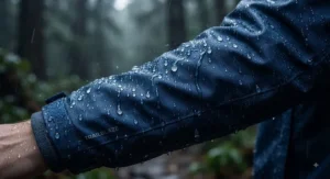 Close-up of a high-quality affordable rain jacket showing water beading off the surface fabric during a rainstorm.