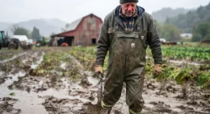 Durable men's rain overalls and jacket set for wet weather farm work