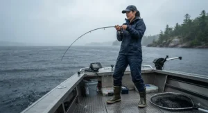Woman wearing heavy-duty, waterproof rain pants while fishing on a boat in rainy weather