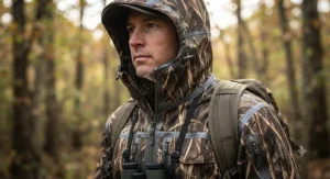 Close-up of a heavy-duty waterproof hunting jacket featuring an adjustable hood and taped seams.