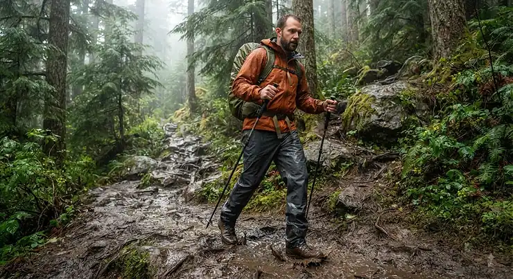 A man wearing durable waterproof rain pants hiking on a muddy trail in the Pacific Northwest waterproof rain pants men