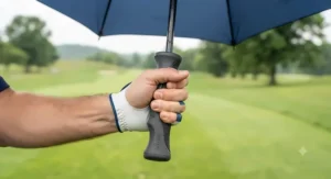 A comfortable ergonomic handle of a large windproof golf umbrella held securely in a golfer's hand.