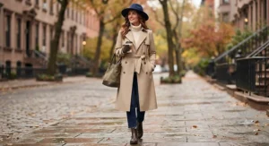 A fashionable beige trench-style long women's rain jacket layered over casual fall clothing.