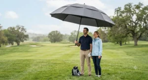 An oversized golf umbrella large windproof design providing ample coverage for two people standing outdoors.