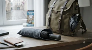 Collapsible automatic open close umbrella resting next to a backpack in a travel setup