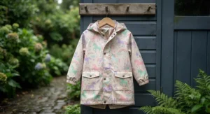 Pastel unicorn pattern rain jacket for kids shown in full length on a hanger