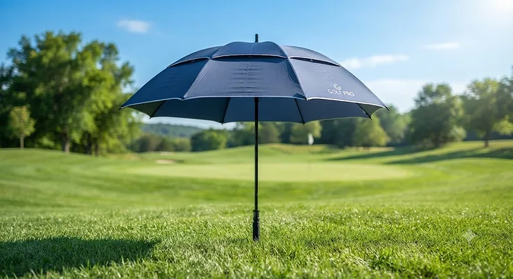 A large windproof golf umbrella standing open on a green fairway, showing its sturdy canopy against a bright sky.