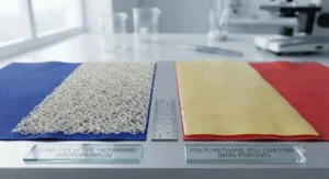 Close-up comparison of Gore-Tex and polyurethane waterproof membrane textures