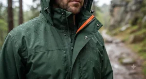 Close-up of a durable rain suit men complete set showing waterproof taped seams and a secure zippered front jacket.