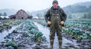 Full-length view of heavy-duty waterproof rain overalls for men on a working farm