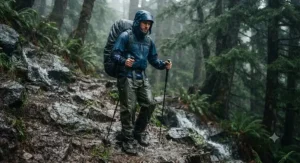 A hiker staying dry in waterproof rain chaps during a heavy downpour.