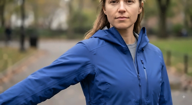 A person wearing a rain jacket, showing how the shoulder seams should sit exactly at the edge of the shoulder for proper fit. how should a rain jacket fit