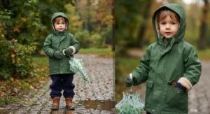 Warm green fleece-lined rain jacket for kids designed for cold and wet autumn weather