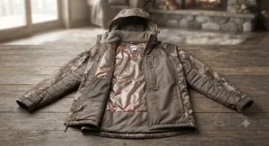 Insulated waterproof hunting jacket laid flat to show its thermal lining and zippered pockets.