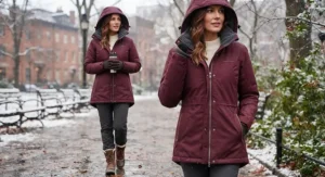 Cozy burgundy fleece-lined insulated women's rain jacket designed for cold and wet winter weather.