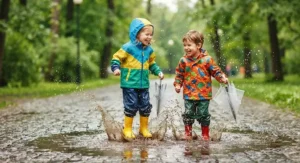 Happy children splashing in puddles wearing a colorful rain jacket for kids and rain boots
