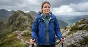 A hiker wearing a rain jacket with enough room underneath to comfortably fit a fleece or light down layer.