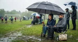 Parents using a large windproof golf umbrella to stay dry while watching a youth soccer game from the sidelines.