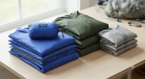 Folded packable rain jackets made from lightweight nylon and polyester materials
