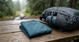 A pair of lightweight, packable women's rain pants folded next to a backpack