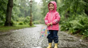 Lightweight pink rain jacket for kids featuring safety reflective stripes on the sleeves