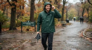 A man smiling while staying completely dry in a cost-effective rain jacket during an autumn rain shower in a local park.