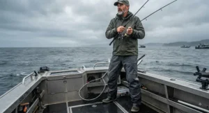 Angler standing on a boat wearing high-performance waterproof rain pants while fishing