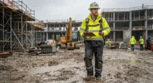Construction worker wearing heavy-duty waterproof rain pants on an active job site in rainy weather