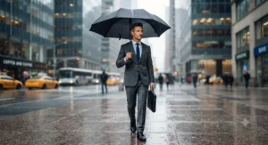 Professional man walking downtown with a sleek black automatic open close umbrella