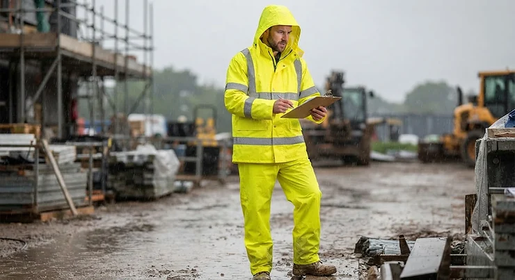 A man wearing a yellow complete rain suit set featuring a heavy-duty jacket and matching pants for outdoor work.