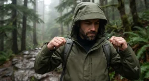 Close-up of a man adjusting the adjustable hood on a heavy-duty rain jacket
