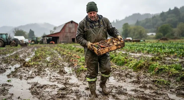 Farmer wearing heavy-duty waterproof rain overalls while working in a muddy field rain overalls men farming