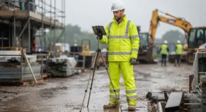 A construction worker wearing a high-visibility lime green rain suit men complete set with reflective safety strips.