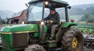 Farmer wearing mud-proof rain overalls while operating a tractor in rainy weather