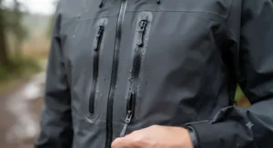 Detailed view of waterproof zippered pockets on a men's performance rain jacket