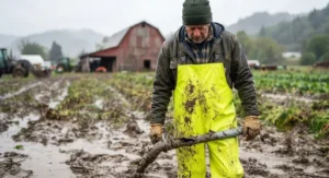 Man wearing high-visibility yellow rain overalls as essential farming gear