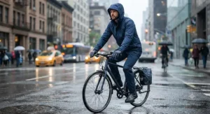 A commuter wearing a stylish navy blue rain suit men complete set while riding a bicycle through the city.