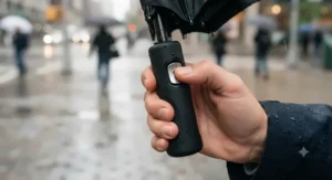 Hand pressing the quick-release button on an ergonomic automatic open close umbrella handle
